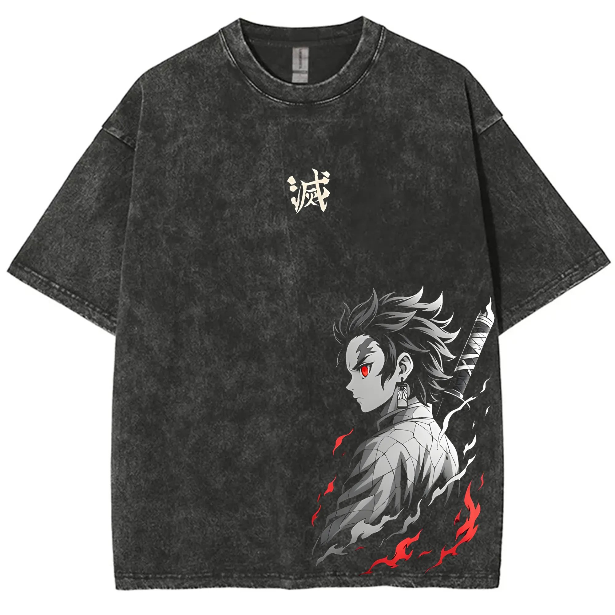 Anime Merchandise Men - ストリートウェア 鬼滅の刃 ヴィンテージ ウォッシュド グラフィック Tシャツ
