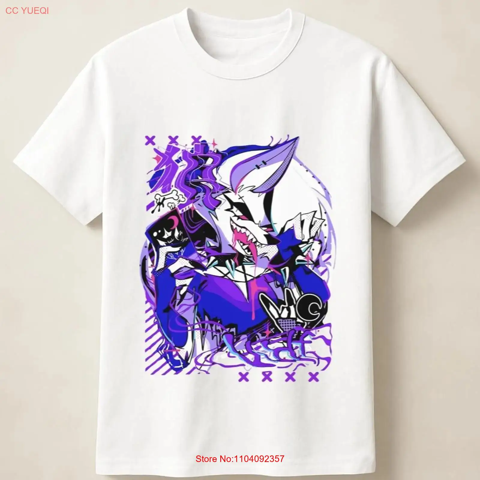 Anime Merchandise Men - 紫のアニメ狼のグラフィティポスターが描かれた絶叫アートスタイルTシャツ、ヴィンテージウォッシュ加工、ストレッチ素材、ソフトトップ、普段着に最適